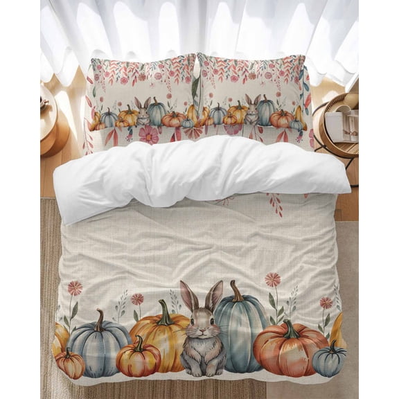 Pumpkin Rabbit Bedding Duvet Cover Set Twin Size 4 Pieces Thanksgiving Fall Pink Floral Retro Linen Bedding Set with Zipper Closure, 1 Comforter Cover 68x86 Inches 1 Flat Sheet & 2 Pillow Cases