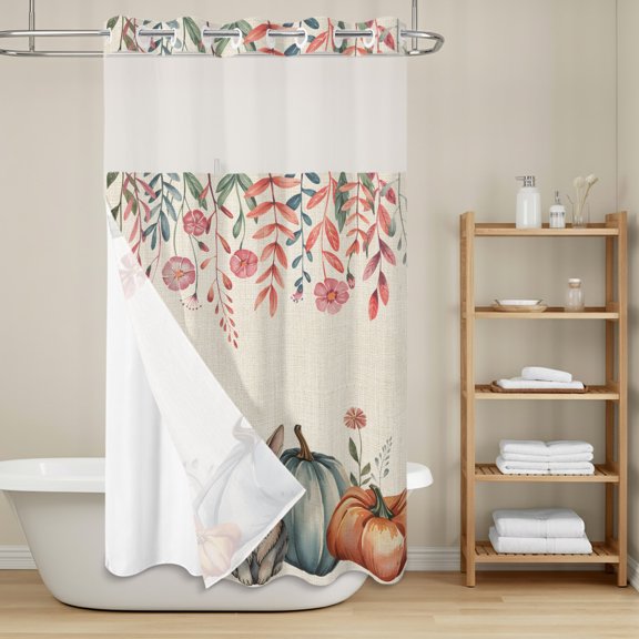 Pumpkin Rabbit No Hook Shower Curtain with Snap in Liner, Thanksgiving Fall Waterproof Shower Curtains with See Through Top Window Liner for Bathroom, 36x78 Inches