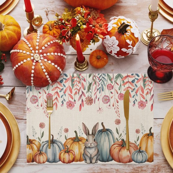 Pumpkin Rabbit Placemats Set of 1, Thanksgiving Fall Non-Slip Place Mats Washable Table Mats for Kitchen Dining Table Decorations Indoor/Outdoor