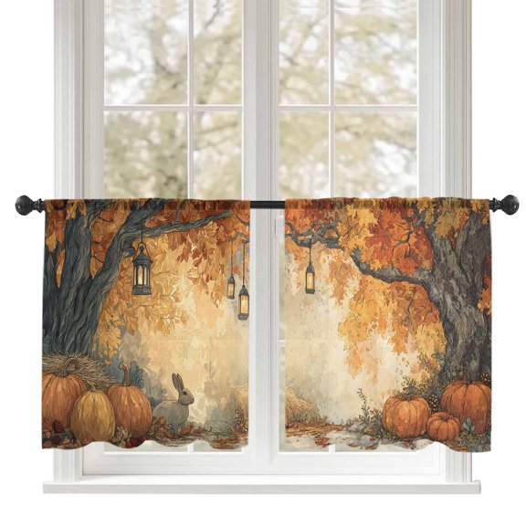 Pumpkin Rabbit Sheer Curtains 45 inches Long, Fall Forest Fallen Leaves Thanksgiving Light Filtering Sheer Window Curtains Rod Pocket Voile Drapes for Bedroom Living Room, 52"W x 45"L 2 Panels