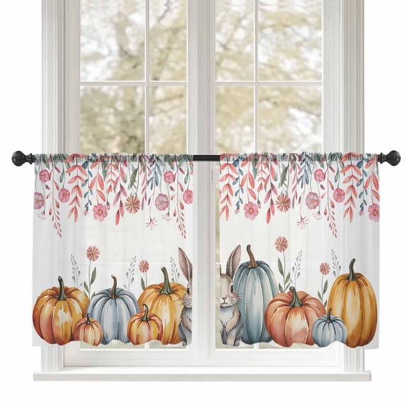 Pumpkin Rabbit Sheer Curtains 45 inches Long, Thanksgiving Fall Pink Floral Light Filtering Sheer Window Curtains Rod Pocket Voile Drapes for Bedroom Living Room, 52"W x 45"L 2 Panels