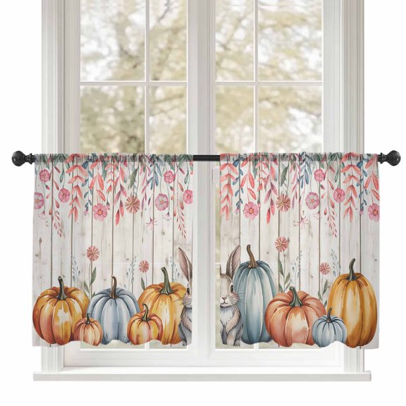 Pumpkin Rabbit Sheer Curtains 54 inches Long, Thanksgiving Fall Pink Floral Wood Grain Light Filtering Sheer Window Curtains Rod Pocket Voile Drapes for Bedroom Living Room, 52"W x 54"L 2 Panels