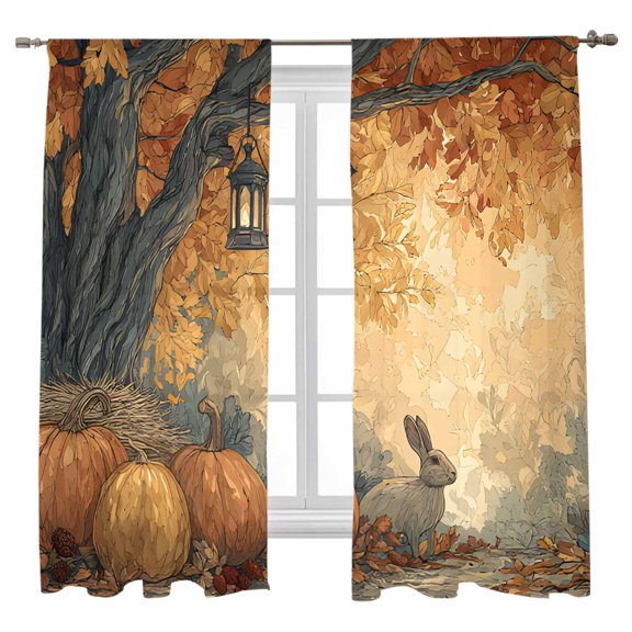 Pumpkin Rabbit Sheer Curtains 72 inches Long, Fall Forest Fallen Leaves Thanksgiving Light Filtering Sheer Window Curtains Rod Pocket Voile Drapes for Bedroom Living Room, 52"W x 72"L 2 Panels
