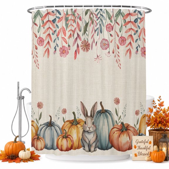 Pumpkin Rabbit Shower Curtain Set with Hooks, Thanksgiving Fall Sturdy Water Repellent Shower Curtains for Bathroom Bathtub, Machine Washable 36x72 Inch