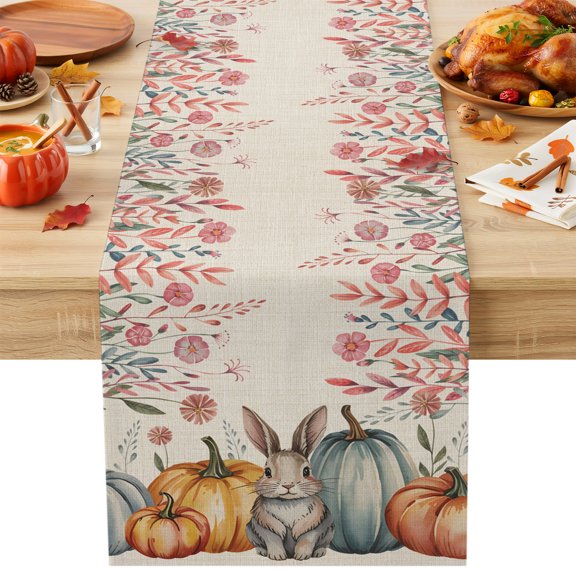 Pumpkin Rabbit Table Runner 13x36 Inch Thanksgiving Fall Cotton Linen Dining Table Runner Ideal for Dresser Kitchen Coffee Tables - Machine Washable