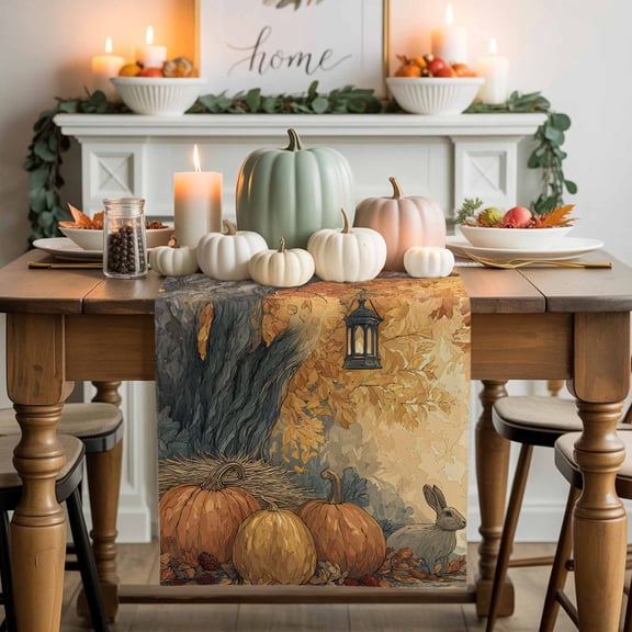 Pumpkin Rabbit Table Runner, Autumn Thanksgiving Kitchen Dining Table Decoration for Home Party Decor 13x36 Inches