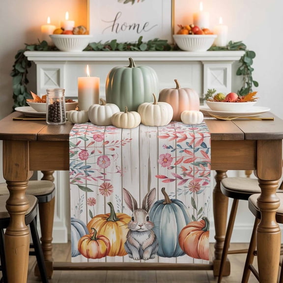 Pumpkin Rabbit Table Runner, Autumn Thanksgiving Kitchen Dining Table Decoration for Home Party Decor 13x36 Inches