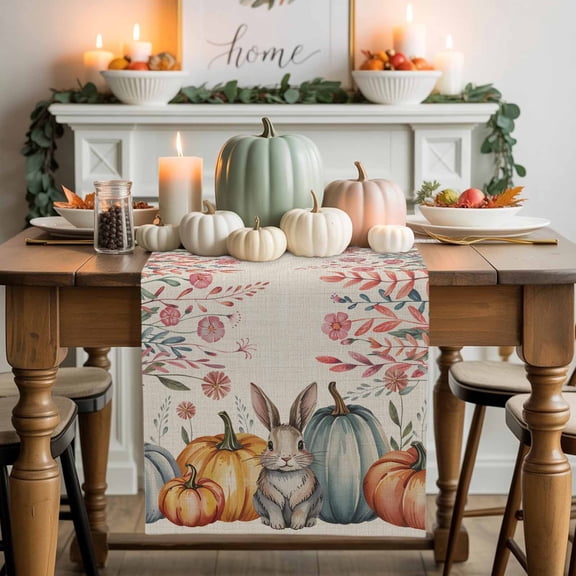 Pumpkin Rabbit Table Runner, Autumn Thanksgiving Kitchen Dining Table Decoration for Home Party Decor 13x60 Inches