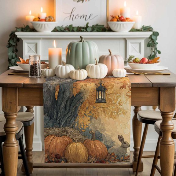 Pumpkin Rabbit Table Runner, Autumn Thanksgiving Kitchen Dining Table Decoration for Home Party Decor 13x60 Inches