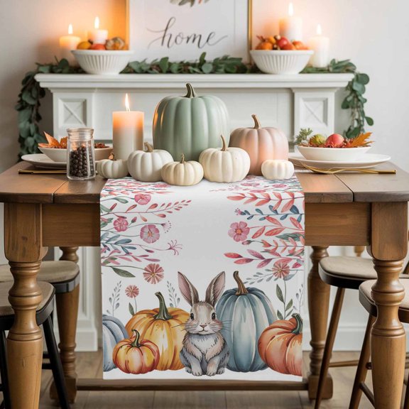 Pumpkin Rabbit Table Runner, Autumn Thanksgiving Kitchen Dining Table Decoration for Home Party Decor 13x60 Inches