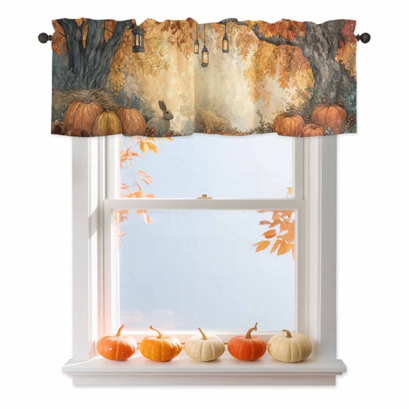 Pumpkin Rabbit Valances for Windows, 42 x 18in, Fall Forest Fallen Leaves Thanksgiving Rod Pocket Kitchen Valance Curtain Light Filtering Window Treatments for Living Room Bedroom, 1 Panel
