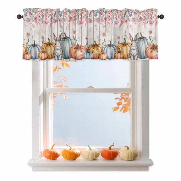 Pumpkin Rabbit Valances for Windows, 42 x 18in, Thanksgiving Fall Pink Floral Wood Grain Rod Pocket Kitchen Valance Curtain Light Filtering Window Treatments for Living Room Bedroom, 1 Panel