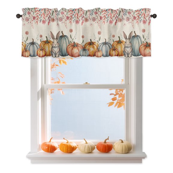 Pumpkin Rabbit Valances for Windows, Thanksgiving Fall Rod Pocket Valance Short Window Treatments Curtains for Kitchen Bathroom Bedroom Decor, 42 x 12 Inches