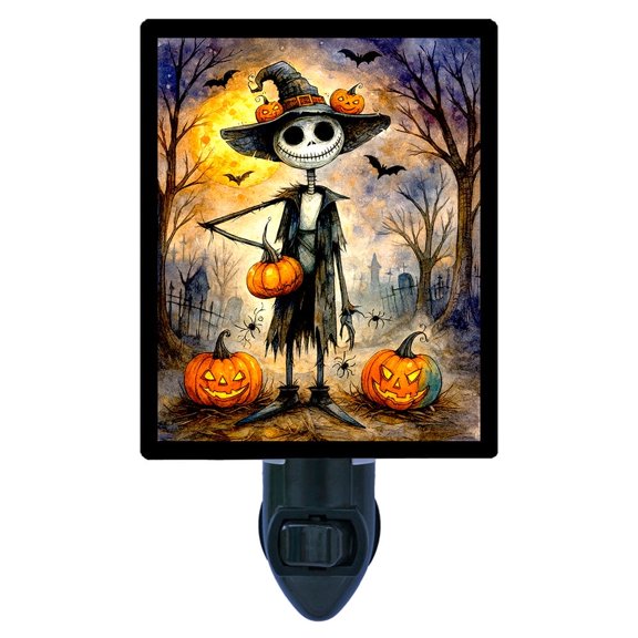 Pumpkin Reaper Night Light Spooky Scarecrow Skeleton with Jack-O-Lanterns Under a Full Moon Free Switchable Insert