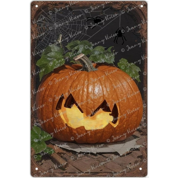 Pumpkin Retro Tin Sign, Spider's Web Decor, Scary Pumpkin Poster, Indoor Outdoor Decorations, Vintage Style, Metal Sign Iron Painting for Home Bar Coffee Kitchen Wall Decor 12x8 Inch