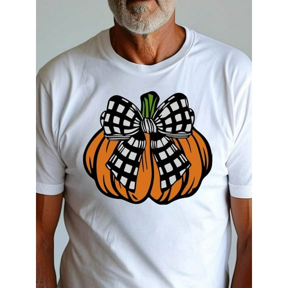 Pumpkin Ribbon Bow, Classic Shirt, Men Tshirts, Comfortable For A Relaxing Picnic Or Outdoor Gathering In The Park, Casual T-Shirt Graphic Tees, 100 Percent Cotton Shirts, White Street Graphic Tees