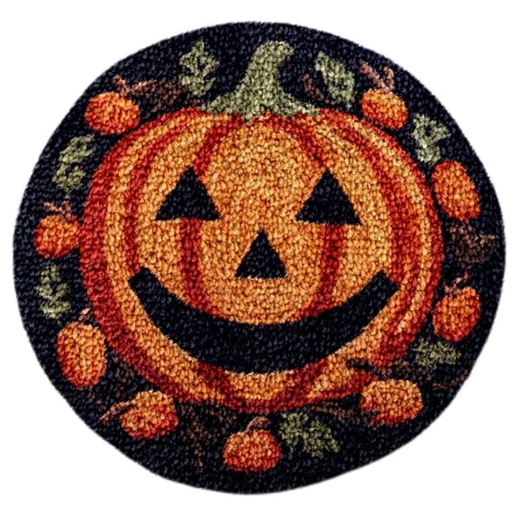 Pumpkin Round Latch Hook Rug Kits Set for Starter Crochet Hook Cushion Floor Mat Sofa Seat Cushion Crocheting Kits with Preprinted Canvas Crochet Yarn Carpet 50X50CM (sc99)