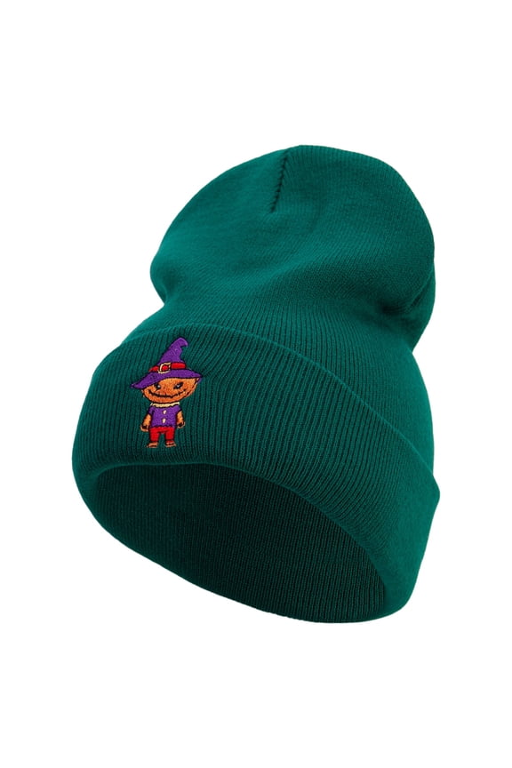 Pumpkin Scarecrow Embroidered 12 Inch Long Knitted Beanie - Dk Green OSFM