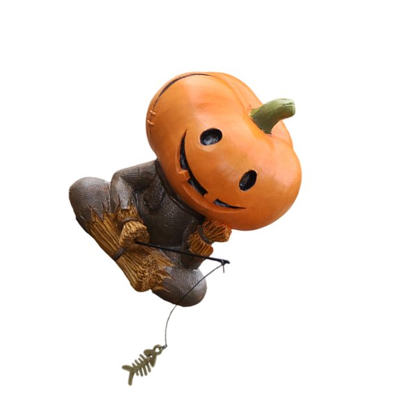 Pumpkin Scarecrow Statue With Fishing Accent Fishing Figure Miniature Resin Art For Indoor Festive Display