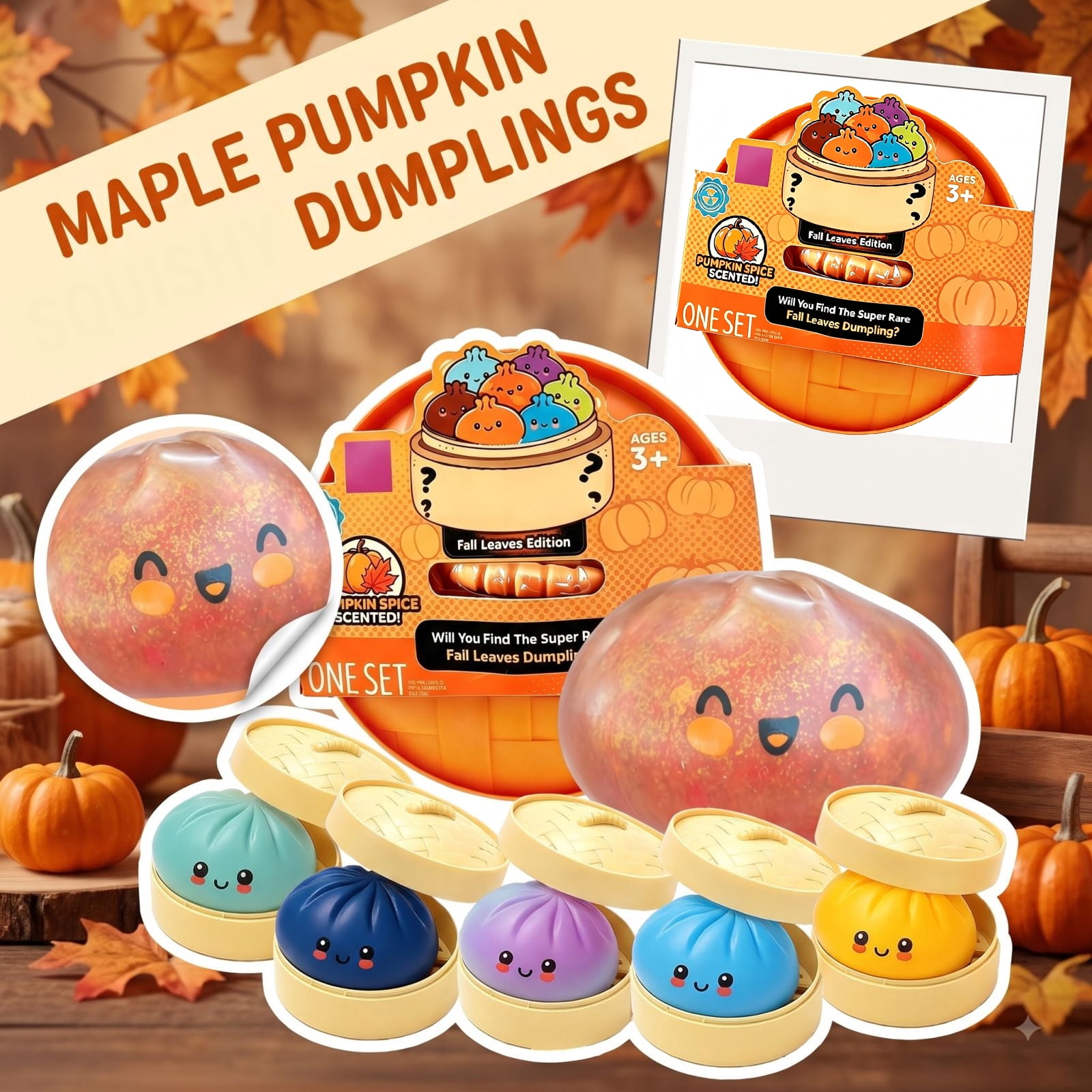 Pumpkin Scented Fall Mystery Dumplings Squishy Toy,Autumn Maple Pumpkin Spice Scented Stress Relief Squeeze Toy Set with Mini Steamer Basket