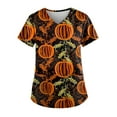 thumbnail image 1 of Pumpkin Scrub Tops Women，Plus Size Women'S Halloween Pumpkin-Headed Bat Printed Scrub Tops V-Neck Fun T Shirts Nurse Uniform Tee With Pockets，Gold，Xl, 1 of 4