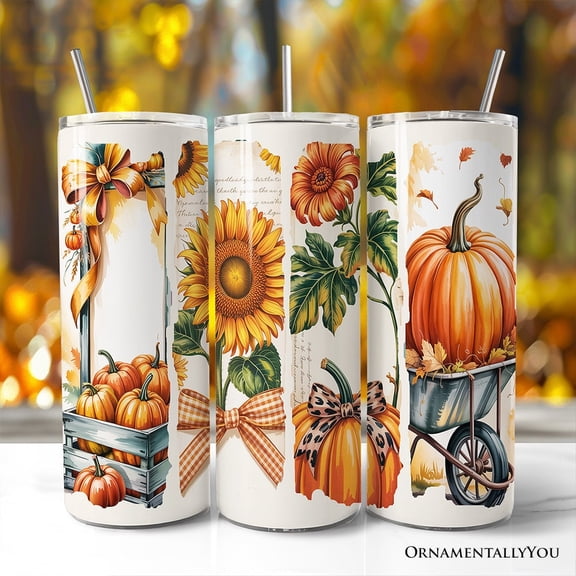 Pumpkin Season 20oz Personalized Tumbler With Lid and Stainless Steel Straw, Fall Sunflower Coquette Bow Autumn Gift Cup