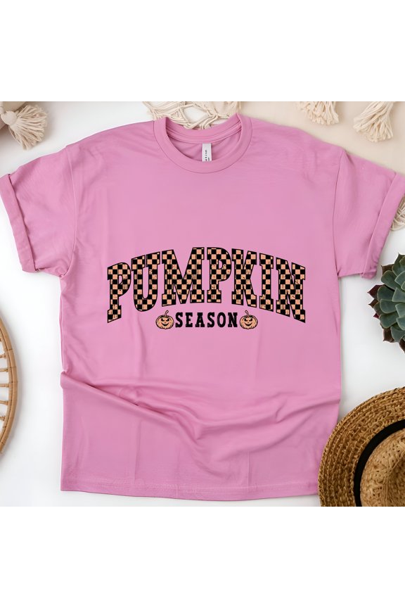 Pumpkin Season Checkered Lettering Cute Autumn Halloween T-Shirt, Azalea, Size S
