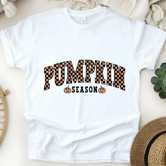 Pumpkin Season Checkered Lettering Cute Autumn Halloween T-Shirt, White, Size 2XL