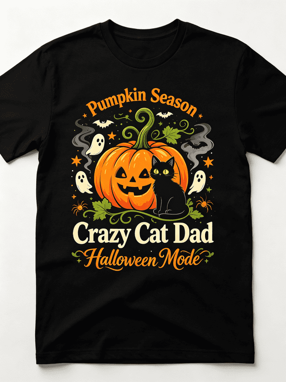 Pumpkin Season Crazy Cat Dad Halloween Mode Shirt, Black Cat Pumpkin Graphic Tee