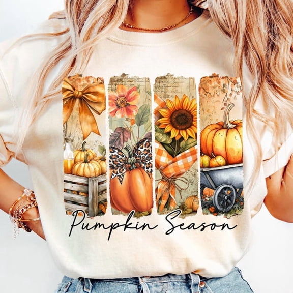 Pumpkin Season Fall T-Shirt, Coquette Floral Autumn Shirt with Leopard Sunflower, Cute Fall Vibes Graphic Tee for Women