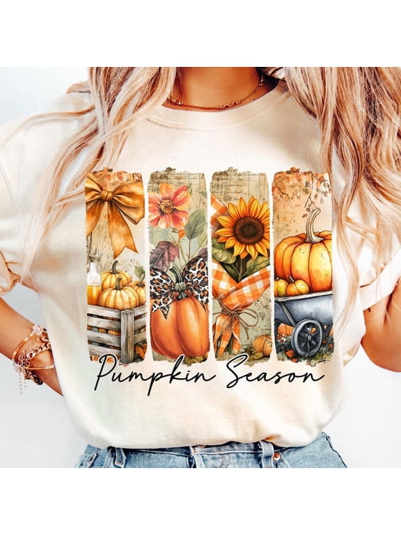 Pumpkin Season Fall T-Shirt, Coquette Floral Autumn Shirt with Leopard Sunflower, Cute Fall Vibes Graphic Tee for Women