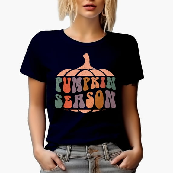 Pumpkin Season, Fall Themed, Groovy Retro Wavy Text Merch Gift, Navy Blue T-Shirt, 3XL