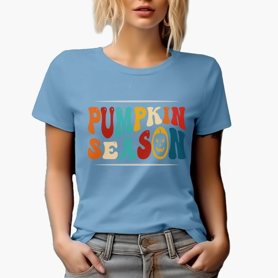 Pumpkin Season, Fall or Autumn Themed, Groovy Retro Wavy Text Merch Gift, Baby Blue T-Shirt, 3XL