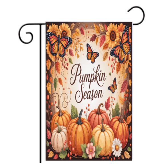 Pumpkin Season Garden Flag - Autumn Yard Banner with Butterflies, Fall Patio Outdoor Decoration