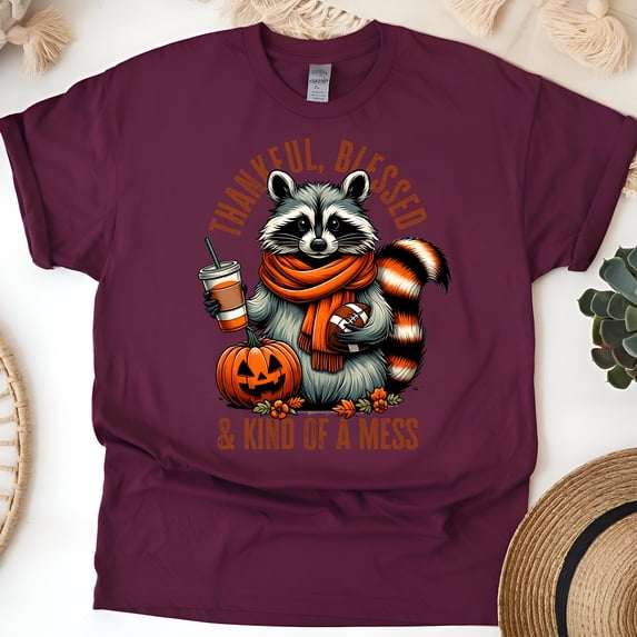 Graphic T-Shirt Thankful Blessed and Kind of a Mess Raccoon Print for Women, Maroon, Size M