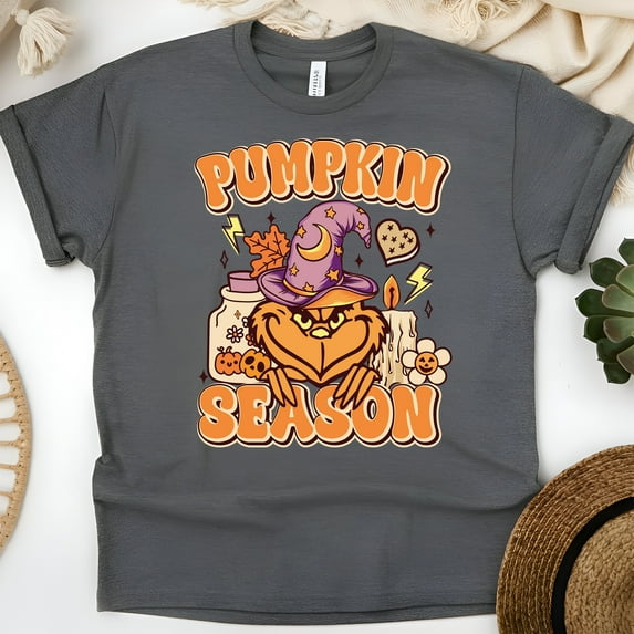Pumpkin Season Shirt Cute Autumn Graphic Tee with Witch Hat Design, Dark Heather, Size XL