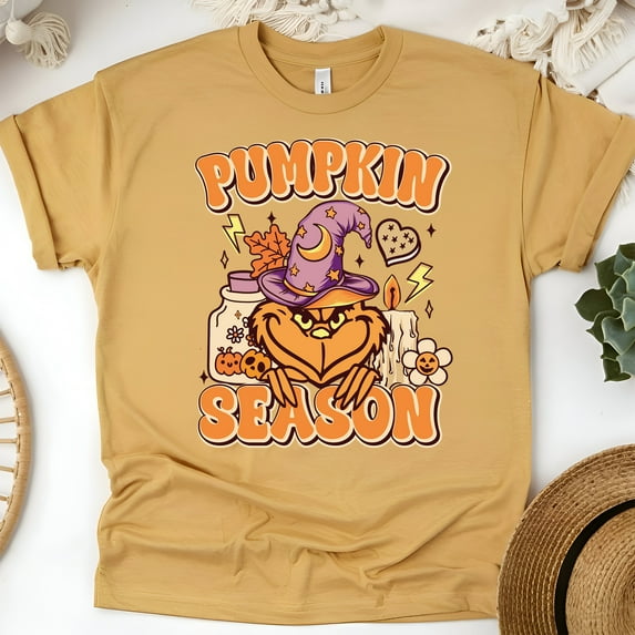 Pumpkin Season Shirt Cute Autumn Graphic Tee with Witch Hat Design, Gold, Size M