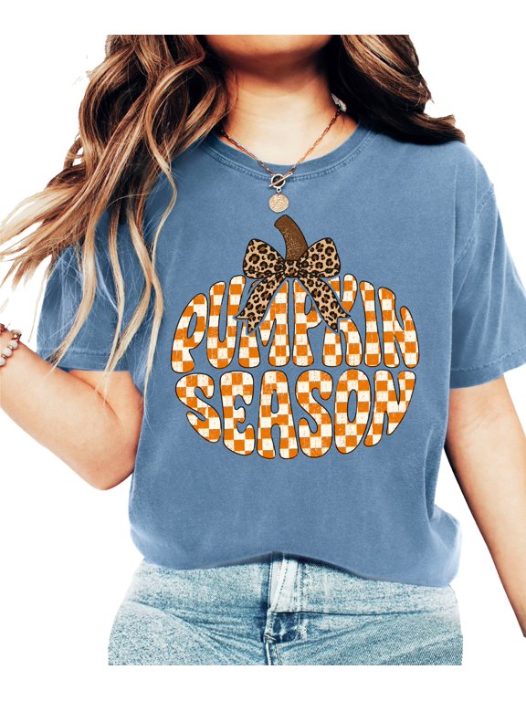 Pumpkin Season Shirt for Women Retro Checkered Fall Tee Leopard Bow, Blue Jean Shirt, M