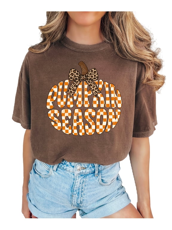 Pumpkin Season Shirt for Women Retro Checkered Fall Tee Leopard Bow, Espresso Shirt, S