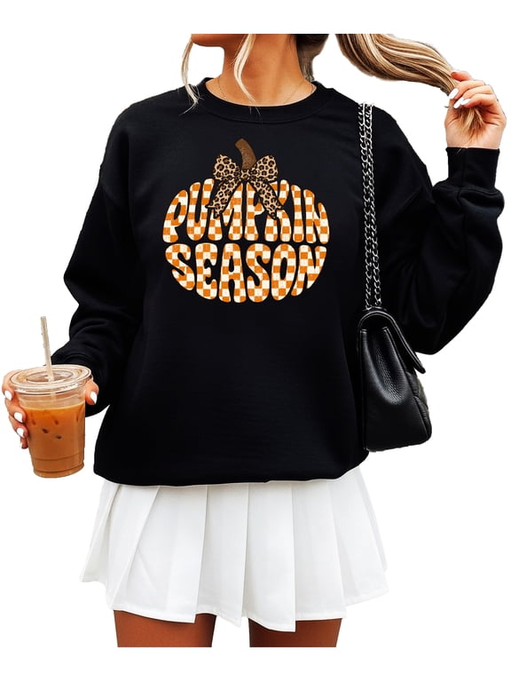 Pumpkin Season Sweatshirt for Women Checkered Leopard Bow Fall, Black Sweatshirt, S