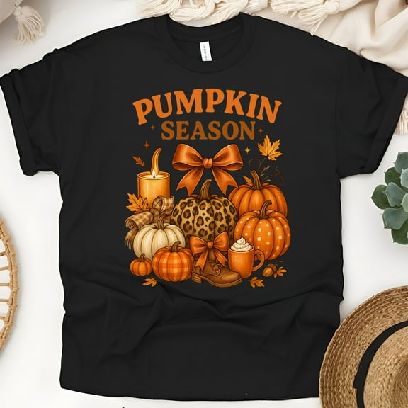 Pumpkin Season T-Shirt | Leopard and Plaid Pumpkin Fall Graphic Tee for Women, Black, Size M