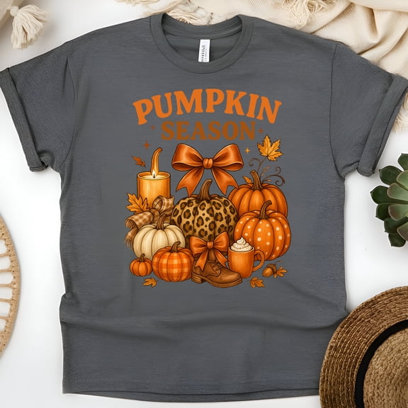 Pumpkin Season T-Shirt | Leopard and Plaid Pumpkin Fall Graphic Tee for Women, Dark Heather, Size L