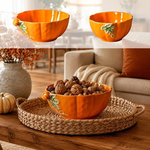 Pumpkin Serving Bowl, Ceramic Pumpkin Bowl, Seasonal Tableware for Fall Meals Thanksgiving Dining and Kitchen Counter Displays, Sculpted Ceramic Dish with Stemmed Lid Detail