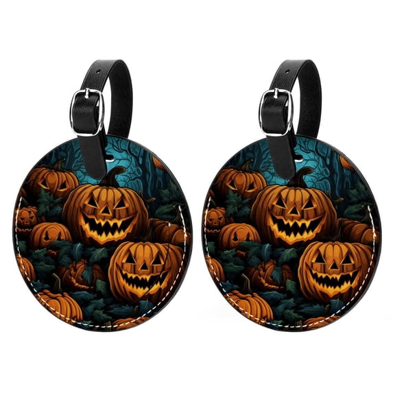 Pumpkin Set of 2pcs PU Leather Round Suitcase Tags with Privacy Cover and Name ID Tag - Ideal for Travel Luggage, Handbags, Backpacks, School Bags