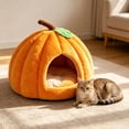 thumbnail image 1 of Pumpkin Shape Pet Cave Bed - Soft Enclosed Warm Sleeping House For Cats Small Dogs(Orange S), 1 of 6