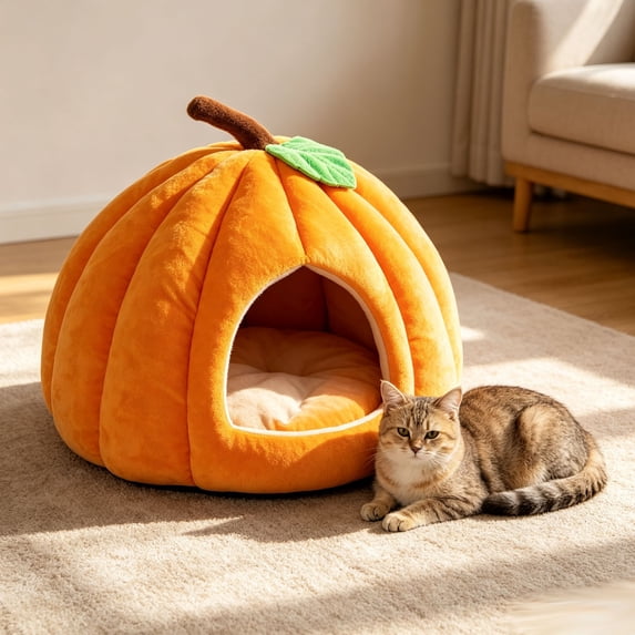 Pumpkin Shape Pet Cave Bed Soft Enclosed Warm Sleeping House for Cats Small Dogs, Removable Cushion Indoor Pet Shelter with Cozy Padding