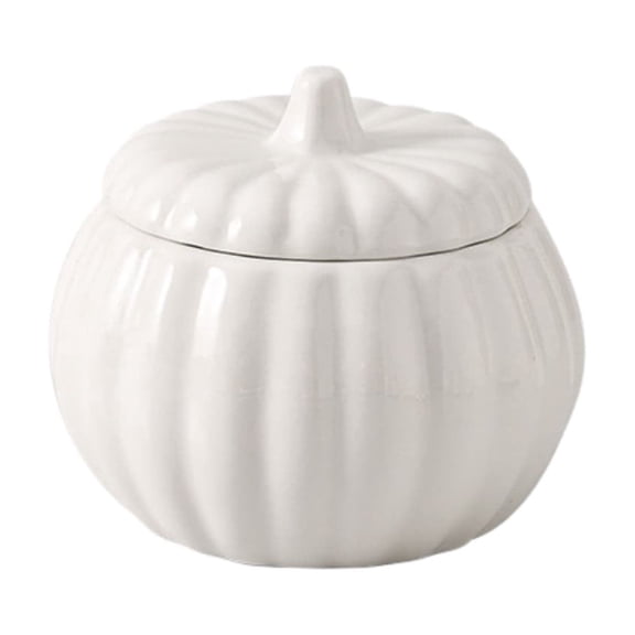 Pumpkin Shape Serving Bowl - Halloween Decorative Ceramic Candy Container for Home - Food Safe Microwave Use Versatile Party Fall Decor - Matching Lid Keeps Contents Fresh,White