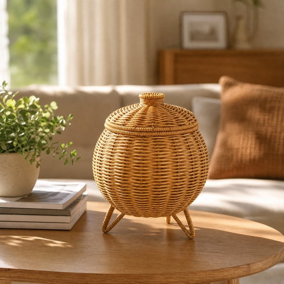 Pumpkin Shape Wicker Storage Basket With Lid And Tripod Legs, Brown Plastic Rattan Handwoven Decorative Organizer For Home Desktop, Kitchen, Fall And Halloween Decor