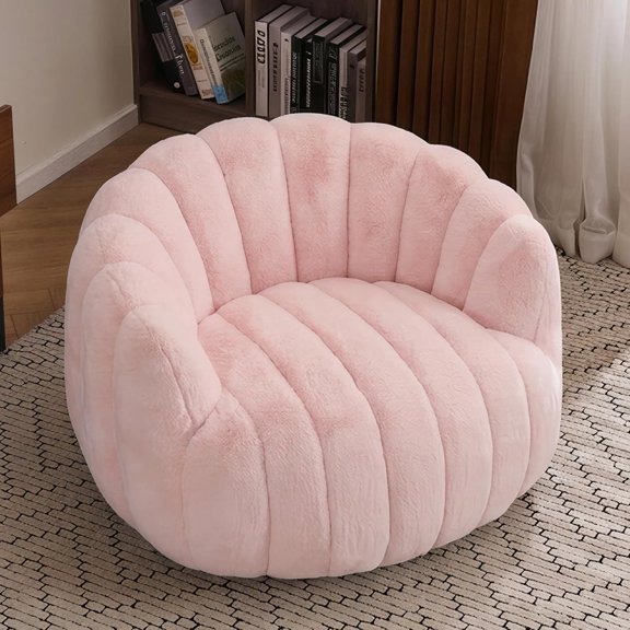 Pumpkin-Shaped Bean Bag Chair for Adults with Ultra Soft Faux Fur, Cozy Lazy Lounge Sofa for Bedroom or Living Room, Pink