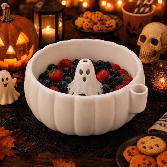 Pumpkin Shaped Candy Bowl with Ghost Drain Insert Halloween Decorations, Glossy Glazed Serving Bowl for Kitchen Counter Mantel Candy Station Displays